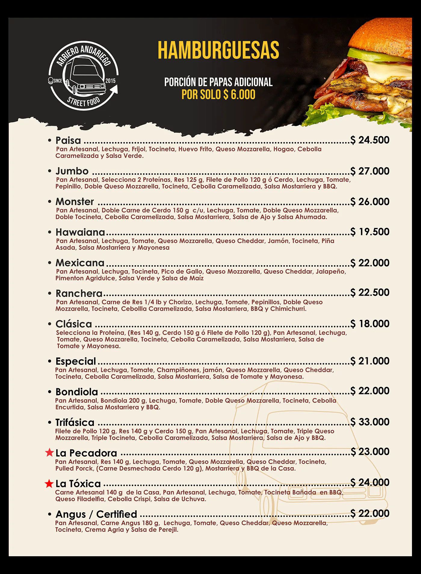 Hamburguesas: Paisa, Jumbo, Monster, Hawaiana, Mexicana, Ranchera, Clásica, Especial, Bondiola, Trifásica, La Pecadora, La Tóxica y Angus Certified, con ingredientes y precios. Porción de papas adicional por 6.000 pesos.